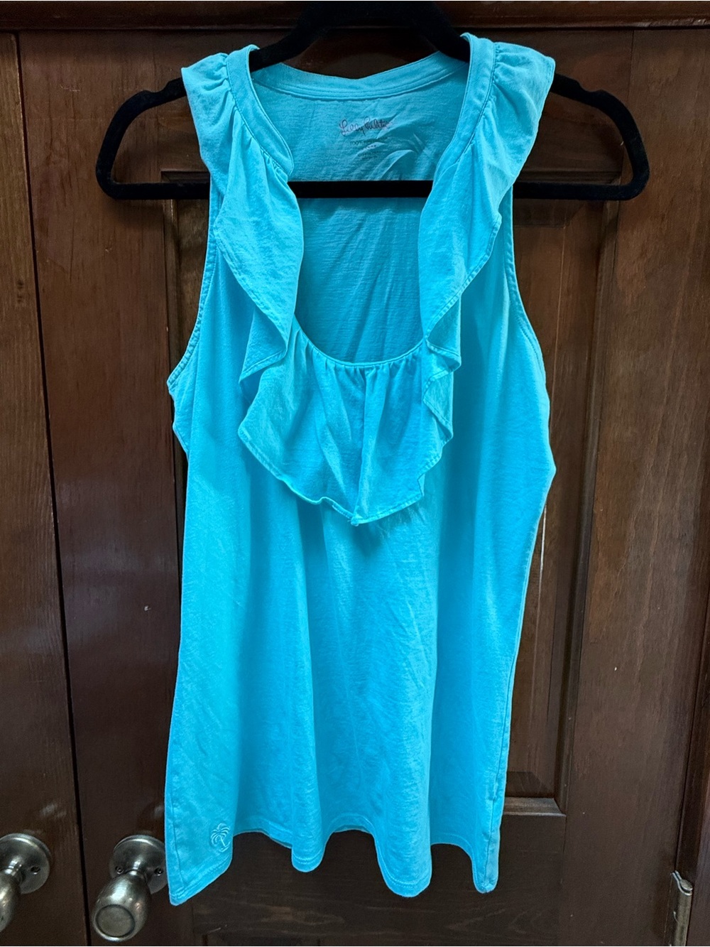 Lilly Pulitzer Aqua Blue Ruffle Neck Sleeveless Pima Cotton Top